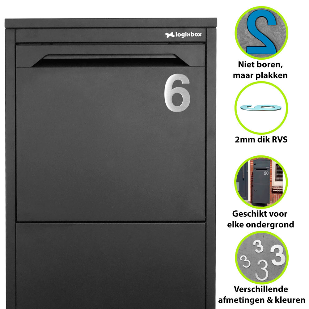 RVS huisnummerstickers van Logixbox in Light 75 mm, Bold 75 mm en cijferreeks uitvoering