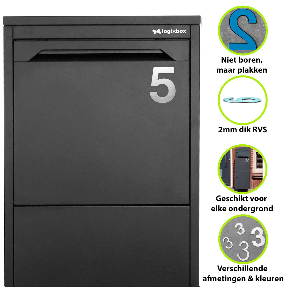 Moderne RVS huisnummers stickers – stijlvolle en duurzame deurstickers voor duidelijke zichtbaarheid van je huisnummer